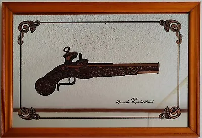 Spanish Miguelet Pistol Flintlock Glass Pub Mirror 80's 12.6  × 16.5  Vintage  • $32