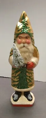 $125 • Buy Vaillancourt Folk Art Santa Gold Coat With Green Glitter Tree