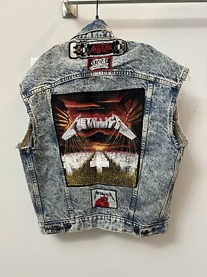VTG Levi’s Denim Punk Metal Vest W/ Metallica Anthrax Ozzy Patches Size Small • $129.99