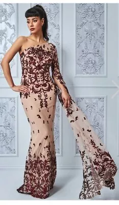 £50 • Buy Goddiva Sequin Mesh One Shoulder Evening Maxi Dress Wine Sequins On Nude Size 8 