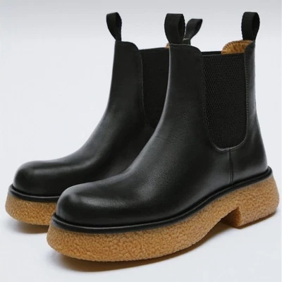$170 • Buy NWT Zara Leather Flat Ankle Boots Black Size US 8