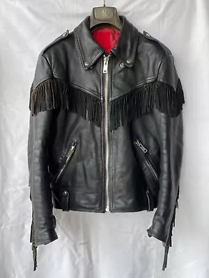 Vintage PLAINSMAN Style Biker Leather Jacket Motorcycle Centre Zip Black S 36-38 • $155.42