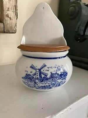 Vintage Teleflora Delft Wall Salt Box Blue White Windmill Wood Lid • $10.99