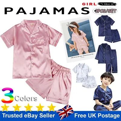£3.23 • Buy Boys Girls Silk Pyjamas Set Nightwear Top Pants Pjs Satin Sleepwear Outfits Kid~