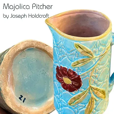 Antique English Majolica Joseph Holdcroft Pitcher Flower Branch Handle Turquoise • $179.10