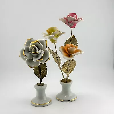 CAPODIMONTE ROSE VASES Vintage Porcelain Flowers Ornament Italy Retro Hand Made • $50