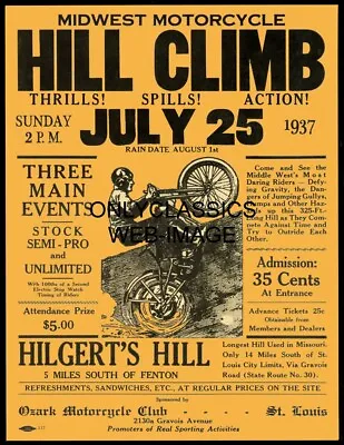 1937 Hill Climb Motorcycle Racing 12x16 Race Poster Ozark Club St Louis Missouri • $16.96