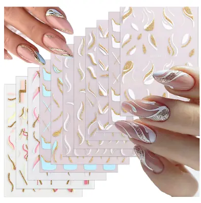3D Glitter Gold Line Nail Art Stickers Decals French Tip Wavy Fringe Stripe NH22 • $2.49