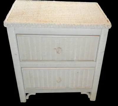 $237.49 • Buy Vtg Henry Link White Wicker Commode Nightstand Side Table Stand Wooden Drawers