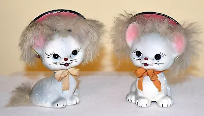 CUTE Vintage KITTEN CAT CERAMIC FURRY BIG PINK HATS JAPAN FIGURINES • $9.99