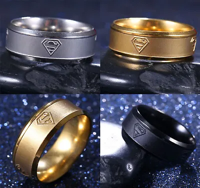 Superman Engraved Emblem Ring Silver Black Gold Band Size 6 - 14 Free Gift Box • $19.99