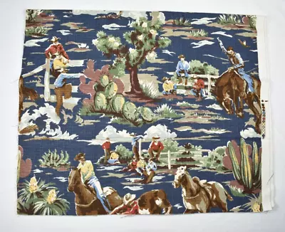 Bloomcraft Barkcloth Fabric Vintage Cowboy Western Print 27 X2.5 Yd REMNANT Blue • $39.99