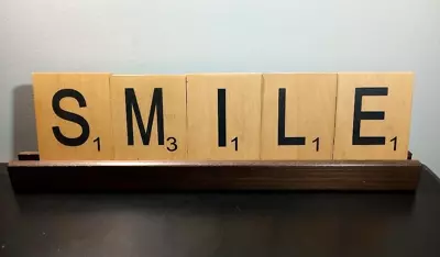 Large SMILE Scrabble Letter Tiles Wood Stand Tabletop Decoration • £27