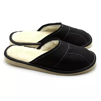 Mens Sheepskin Wool Black 100% Leather Slippers Shoes Size 6 7 8 9 10 11 12 Mule • £13.99