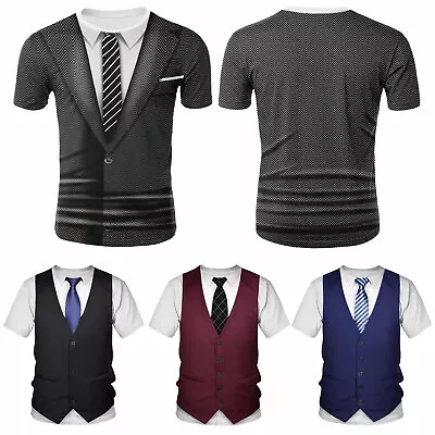 Mens Fake Suit Vest 3D Printed T-Shirt Funny Fake Suit Tuxedo Bow Tie Shirts Top • £5.99