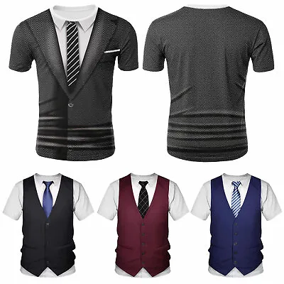 Mens Fake Suit Vest 3D Printed T-Shirt Funny Fake Suit Tuxedo Bow Tie_Shirts Top • £5.99