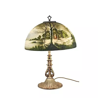 Antique Art Deco Reverse Painted Winter/Fall Landscape Scenery Table Parlor Lamp • $995