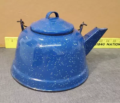 Blue Speckled Enamelware Tea Pot Stovetop Kettle Metal Wire Handle • $21.99