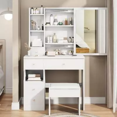 Vanity Set With Sliding Mirror Makeup  Dressing Table Dresser Desk 4 Drawers • $147.99