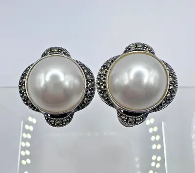 Vintage Judith Jack 925 Silver Mabe Pearl & Marcasite Clip Earrings [103 GCy] • $39.99