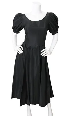 Laura Ashley Vintage Black Taffeta Puff Sleeve Dress US 8 Cottagecore Prairie • $140