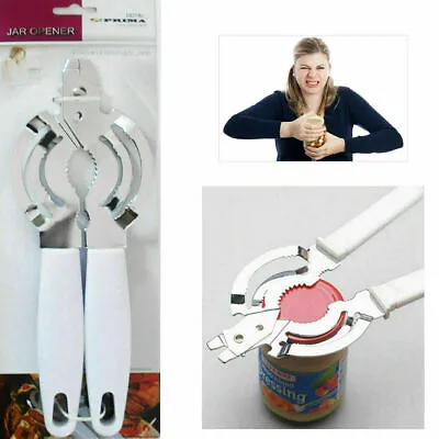 Jar Opener Stainless Steel Lid Can Cap Remover Easy Grip White Holder • £4.79