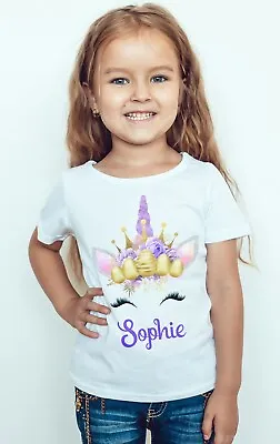 Personalized Happy Easter Unicorn Kids T-Shirt Girls Boys Bunny Rainbow Top #2 • £7.59