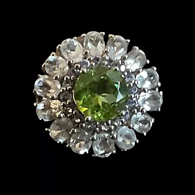 Hunan Peridot White Topaz & Tanzanite Silver Cluster Ring By GemsTV Sz T To U • £76.99