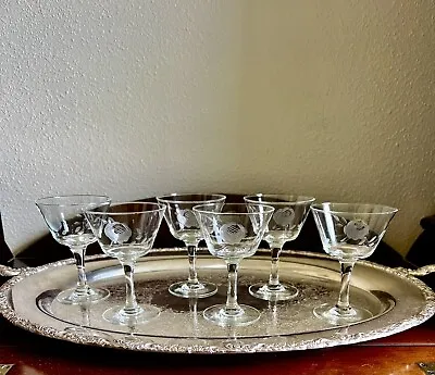 Vintage Champagne Glasses 1950's Etched Rose Cocktail Coupes Barware Set Of 6 • $53.99