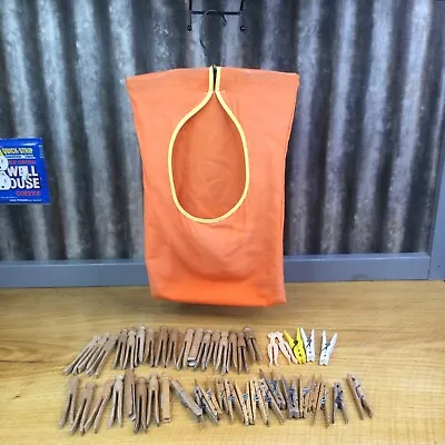 Vtg Orange Stay Open Clothes Pin Bag Metal Hanger + Wooden & Plastic Pins • $18