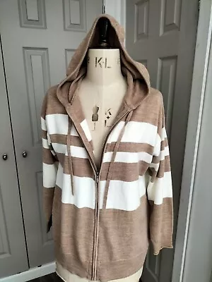 M&s Caramel & Ivory Stripe  Fine Knit Zip Up Hoodie Cardigan  Jacket.size M (14) • £12