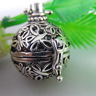 1x Retro Silver Brass Hollowed Butterfly Locket Mexican Bola Ball Charm 29*27mm • $4.55