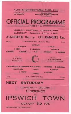 Aldershot V Queens Park Rangers Qpr 1946-47 Reserves Combination Oct 26th 1946 • £25