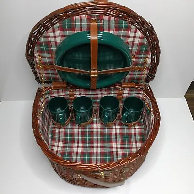 Hickory Farms Picnic In A Basket Vintage Wicker Basket W/Plastic Plates & Cups • $27.50