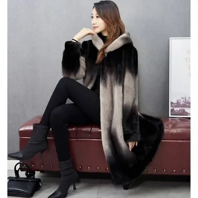 Mink Fur Coat Women's Medium Long Hooded Mother Dress Winter Oversized Coat • $115.49
