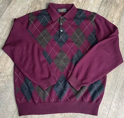 Brooks Brothers Men's 100% Lambswool Collared Argyle Sweater Size L Maroon Navy • $39.49