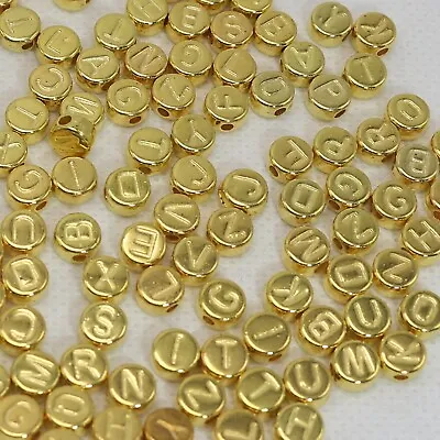 250 Assorted Metallic Bright Golden Acrylic Alphabet Letter Coin Beads 4X7mm • £2.98