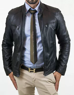 New Men's Black Leather Jacket 100% Soft Lambskin Stylish Moto Biker RacerJacket • $132.99