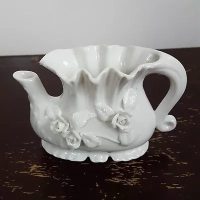 Vintage Molded Ceramic Pitcher Floral White Flowers Gravy Boat Creamer Porcelain • $25.99