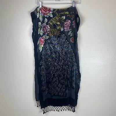 Peacock Silk Scarf Shawl Wrap Beaded Velvet 20x72 Inches Black Gypsy Boho Asian • $27.99