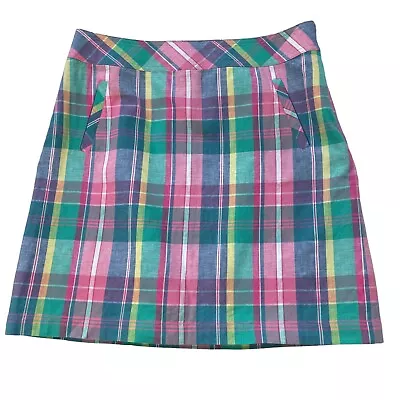 Talbots Madras Plaid Skirt Size 4 Lined Pastel Linen Blend Knee Length A-Line • $24.99