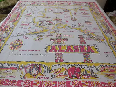 Vintage Alaska Souvenir State Map Tablecloth  46 X 50  Cotton Red & Yellow Print • $24.99