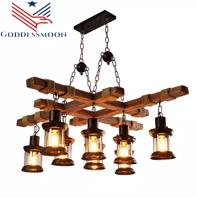 8-Light Rustic Country Chandelier Wood Pendant Lamp Industrial Ceiling Fixture • $122.12