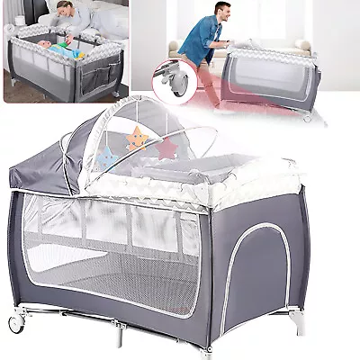 Foldable Baby Cot Crib Bed W/ Infant Changing Table Playpen Bassinet 39lbs Load • $93.44