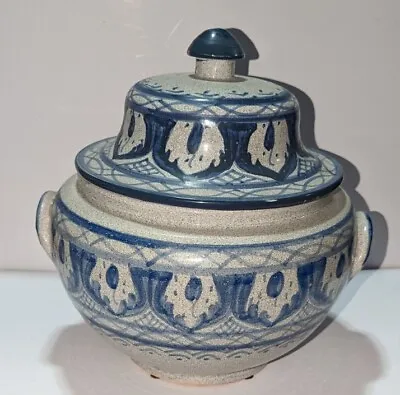 Vtg Moroccan Large Art Pottery Handled Bean Pot All Purpose Pot Blue And Gray • $24.95