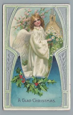 A Glad CHRISTMAS Beautiful Angel Church Holly Vintage Postcard • $4.99