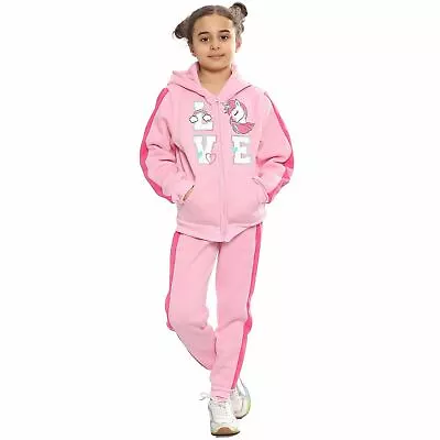Kids Girls Love Tracksuit Fleece Zipper Hoodie Trouser 2 Piece Suit • £12.99