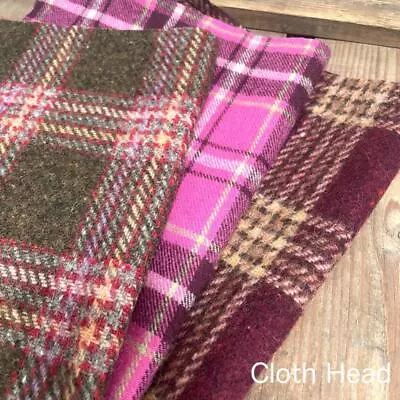 £0.99 • Buy Wool Blend Tartan Woven Fabric Mix 3 Offcut Bundle Pink, Brown, Burgundy
