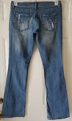 MUDD Womens Jr Stretch Bootcut Distressed Beaded Embroidered Low Rise Jeans Sz 9 • $11.50