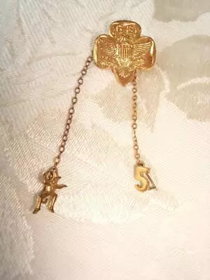 Vintage Gold Tone Girl Scout Trefoil Pin With Brownie And # 5 Pins Charms • $9